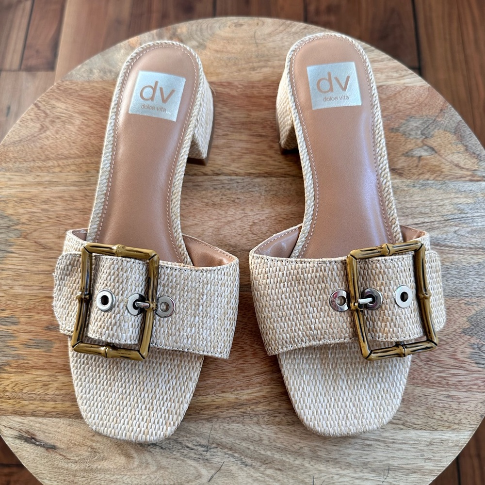 Dolce Vita Beige Raffia Slide Sandals with Gold Buckles